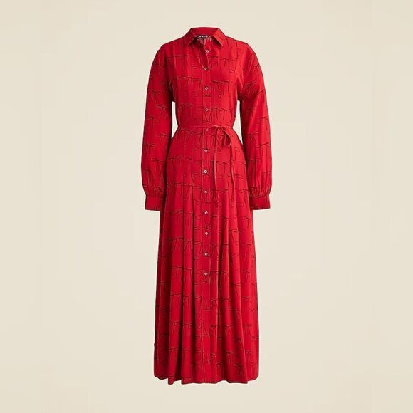 NWT J CREW Drapey pleated shirtdress in bow print in red - Picture 3 of 6